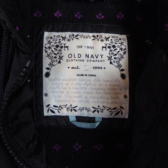 Old Navy Vest Womens Large Black Lambs Wool Angora Floral Lining Hooded Puffer - Picture 3 of 7